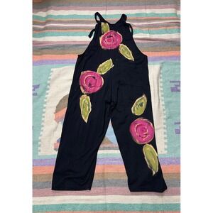 Black Floral Rose Print Wide Leg Overalls Jumpsuit L XL Made in USA